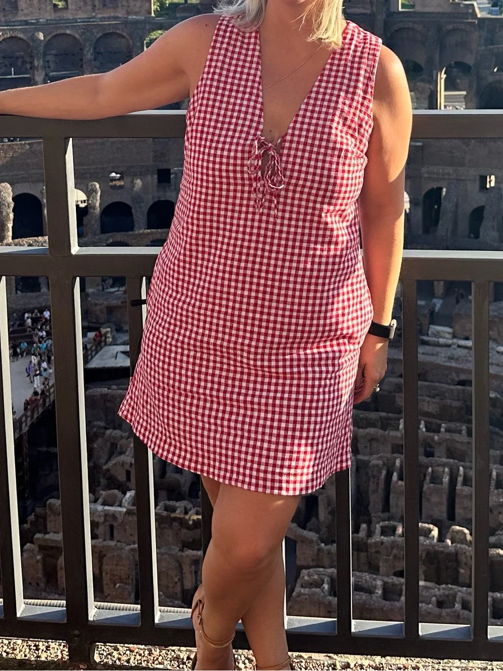 Abercrombie & Fitch Red and White Gingham Tie-Front Linen-Blend Mini Dress - Picture 2 of 2